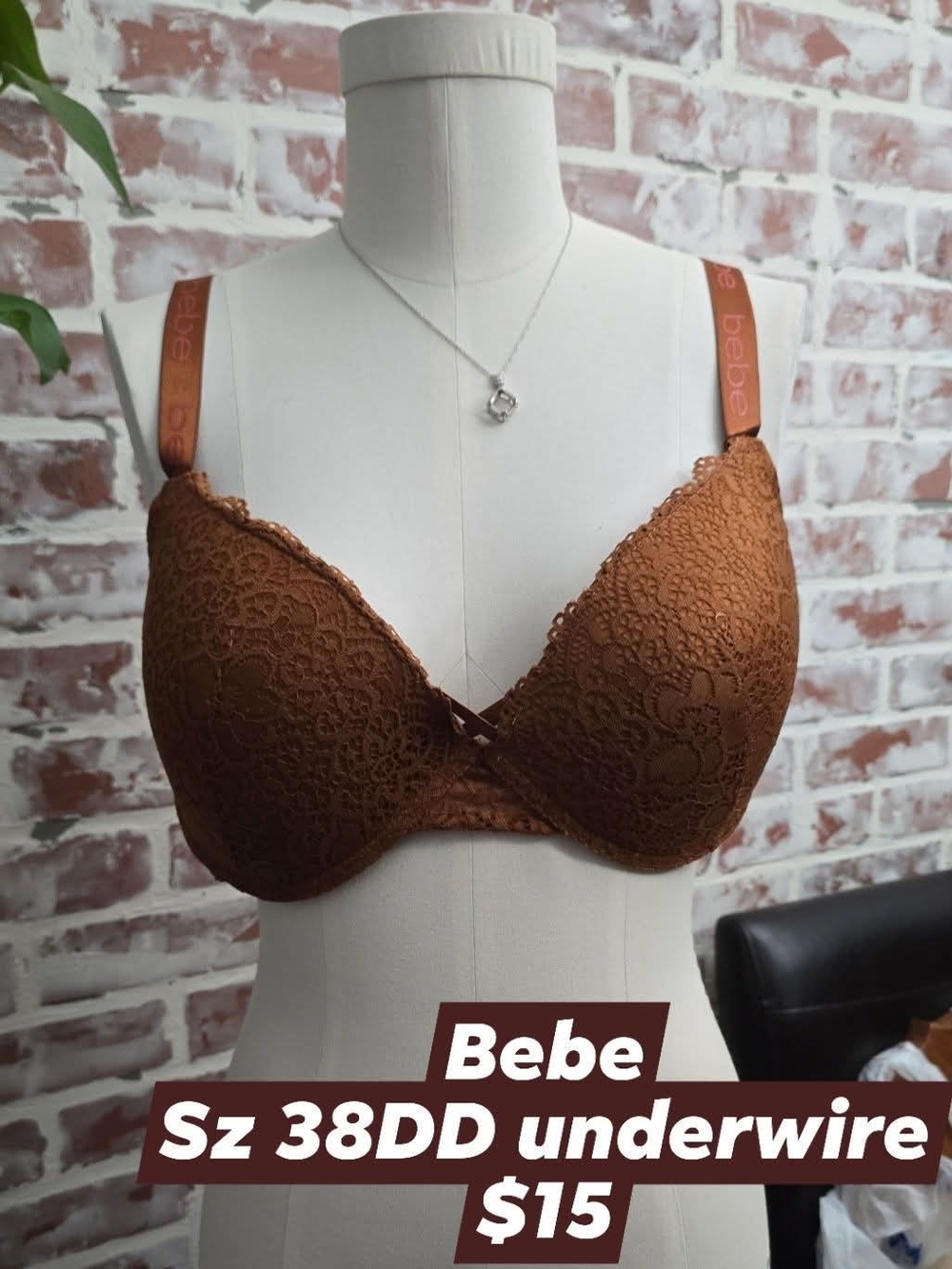 bebe Brown Lace Underwire Bra with Logo Straps Sz 38DD